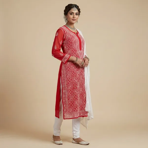 Red_Faux_Georgette_Chikankari_Embroidered_Kurti_For_Women