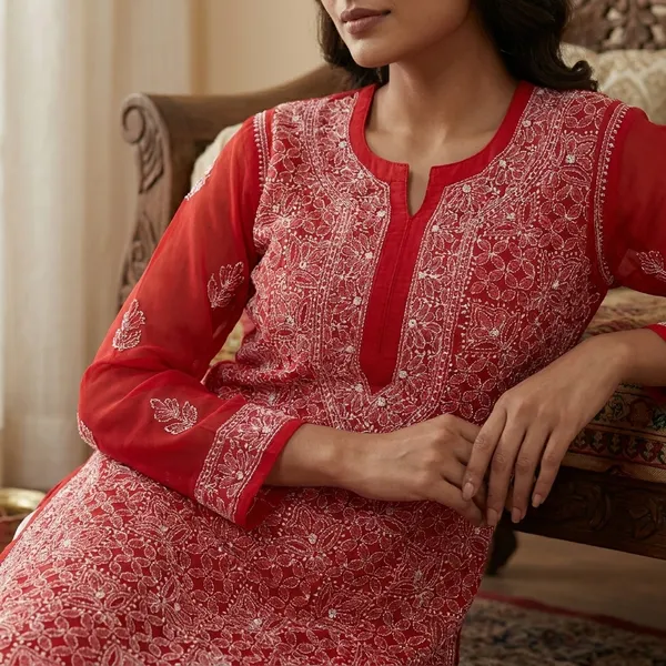 Red_Faux_Georgette_Chikankari_Embroidered_Kurti_For_Women