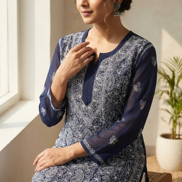 Navy_Blue_Faux_Georgette_Chikankari_Embroidered_Kurti_For_Women