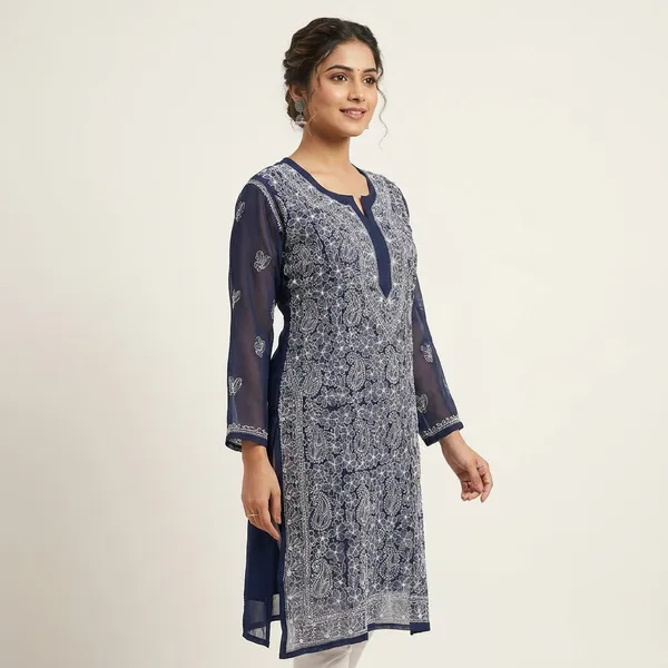 Navy_Blue_Faux_Georgette_Chikankari_Embroidered_Kurti_For_Women