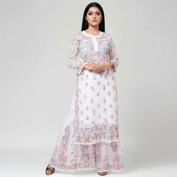White__Georgette_Kurta_And_Sharara_Set