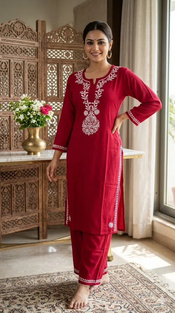 Maroon_Rayon_Kurti_With_Palazzo_Set
