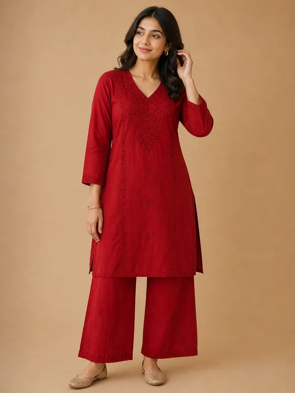 Maroon_Cotton_Embroidered_Kurta_Set