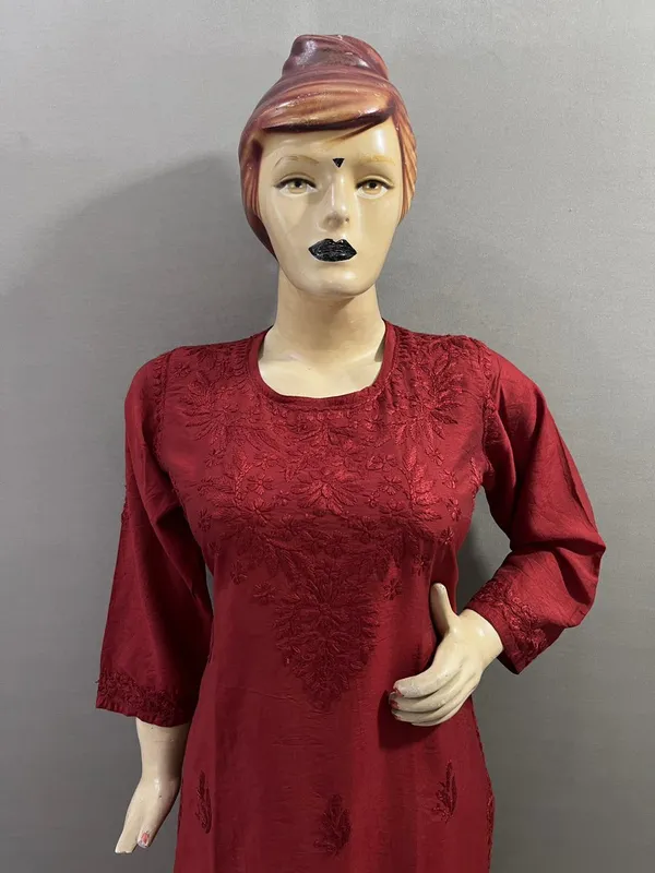 Maroon_Cotton_Embroidered_Kurta_Set_With_Palazzo_And_Dupatta