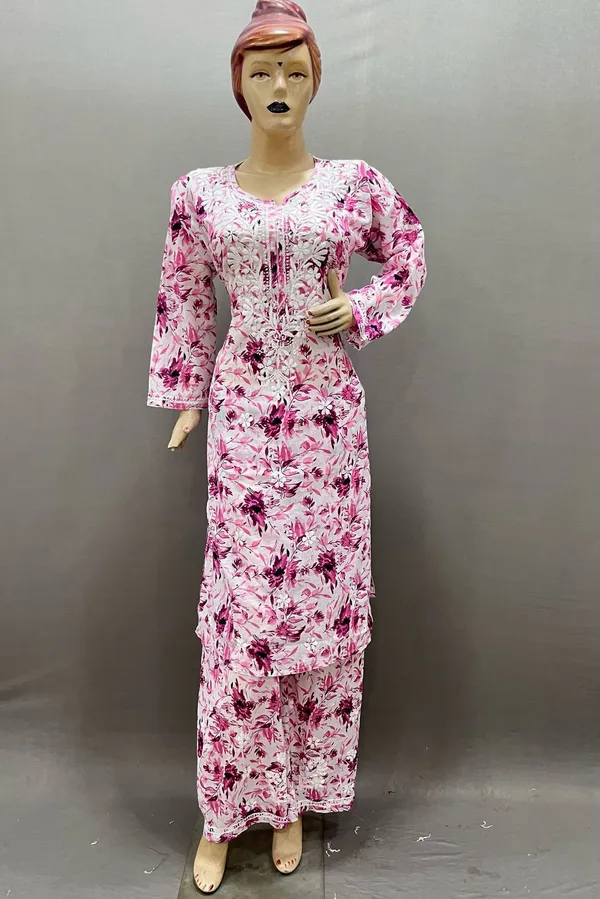 White_And_Pink_Cotton_Floral_Kurta_Set