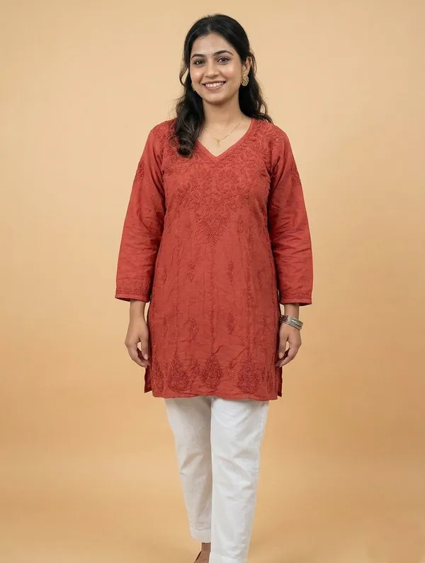 Coral_Red_Cotton_Embroidered_Kurta