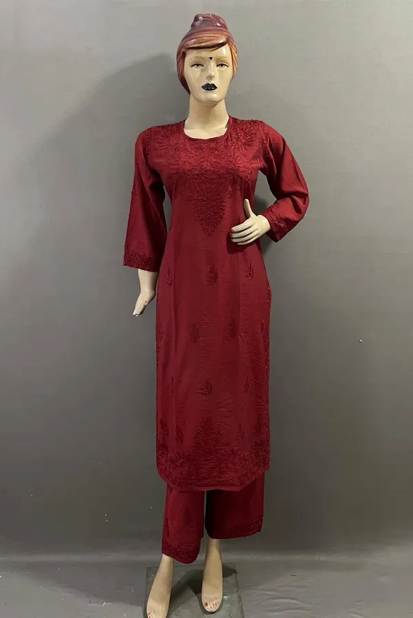 Maroon_Cotton_Embroidered_Kurta_Set_With_Palazzo_And_Dupatta