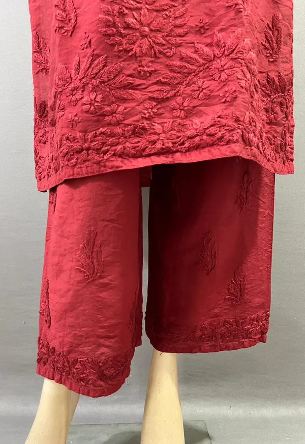 Maroon_Cotton_Embroidered_Kurta_Set_With_Palazzo_And_Dupatta