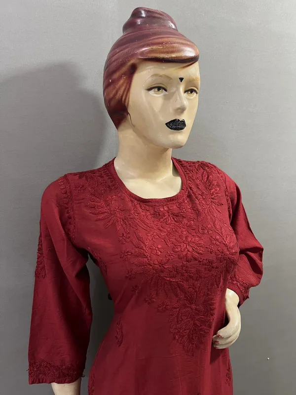 Maroon_Cotton_Embroidered_Kurta_Set_With_Palazzo_And_Dupatta