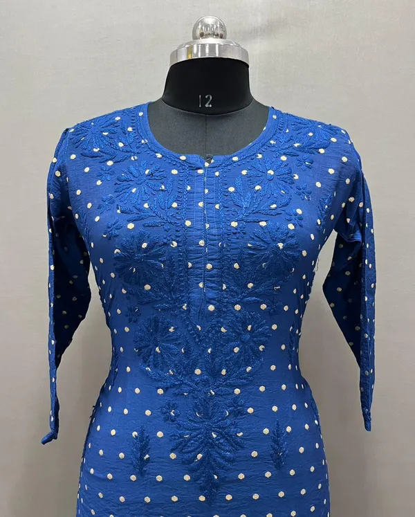 Chanderi_Blue_Polka_Dot_Embroidered_Long_Sleeve_Kurti