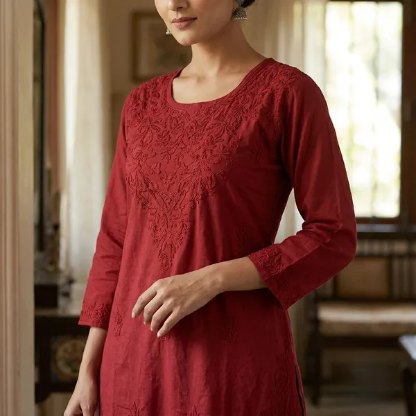 Maroon_Cotton_Embroidered_Kurta_Set_With_Palazzo_And_Dupatta