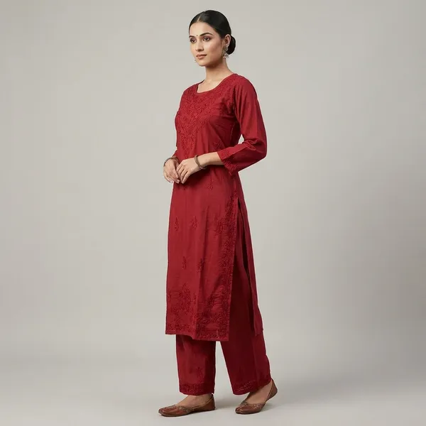 Maroon_Cotton_Embroidered_Kurta_Set_With_Palazzo_And_Dupatta