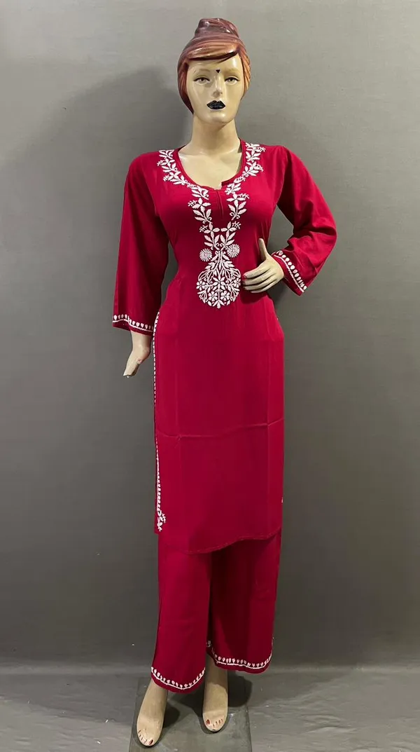 Maroon_Rayon_Kurti_With_Palazzo_Set
