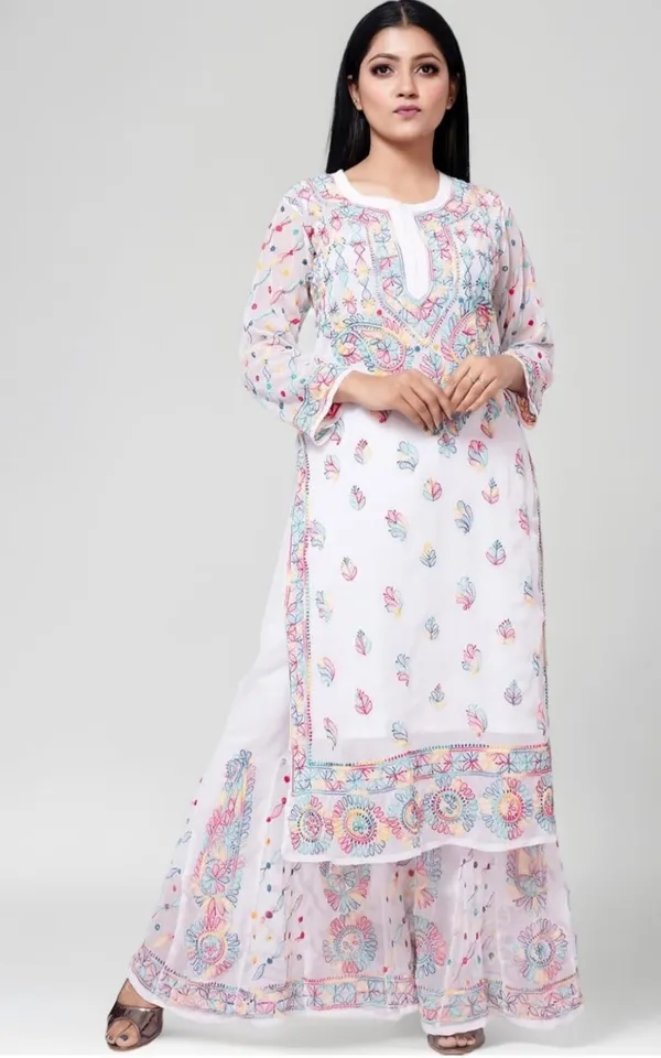 White__Georgette_Kurta_And_Sharara_Set