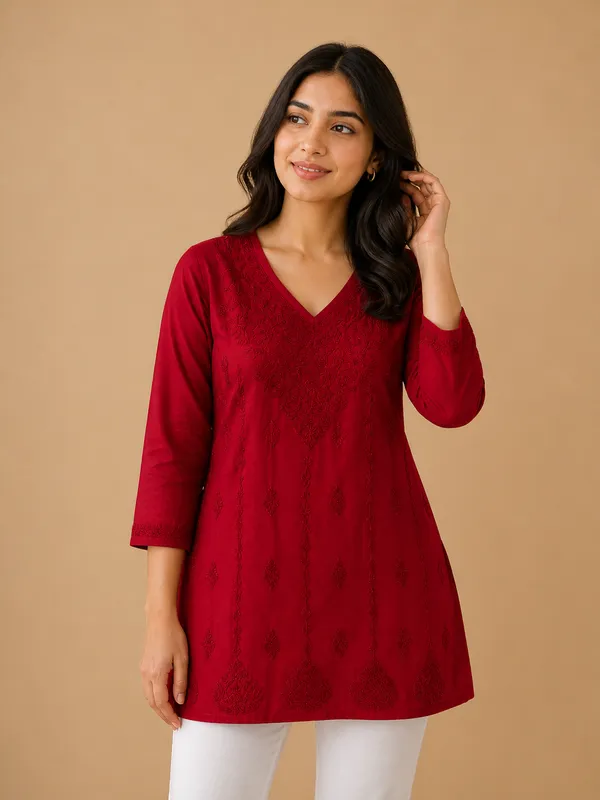 Red_Cotton_Embroidered_Kurta