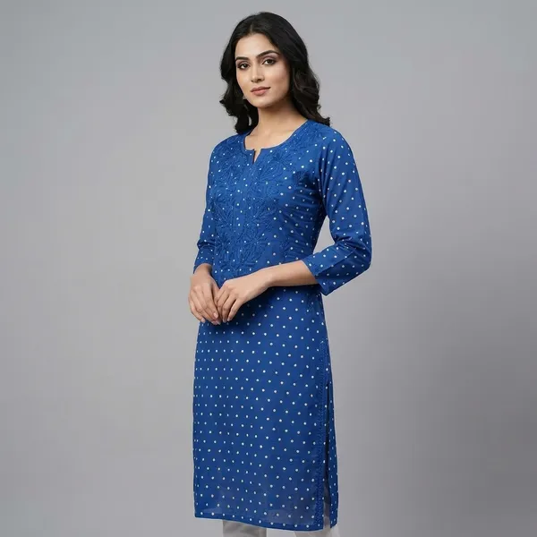 Chanderi_Blue_Polka_Dot_Embroidered_Long_Sleeve_Kurti