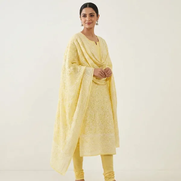 Yellow_Cotton_Chikankari_Embroidered_Unstitched_Suit_2_piece_set_(Kurta_&_Dupatta)