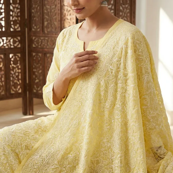 Yellow_Cotton_Chikankari_Embroidered_Unstitched_Suit_2_piece_set_(Kurta_&_Dupatta)