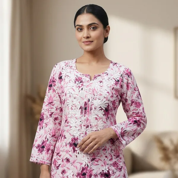 White_And_Pink_Cotton_Floral_Kurta_Set
