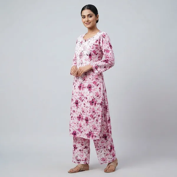 White_And_Pink_Cotton_Floral_Kurta_Set