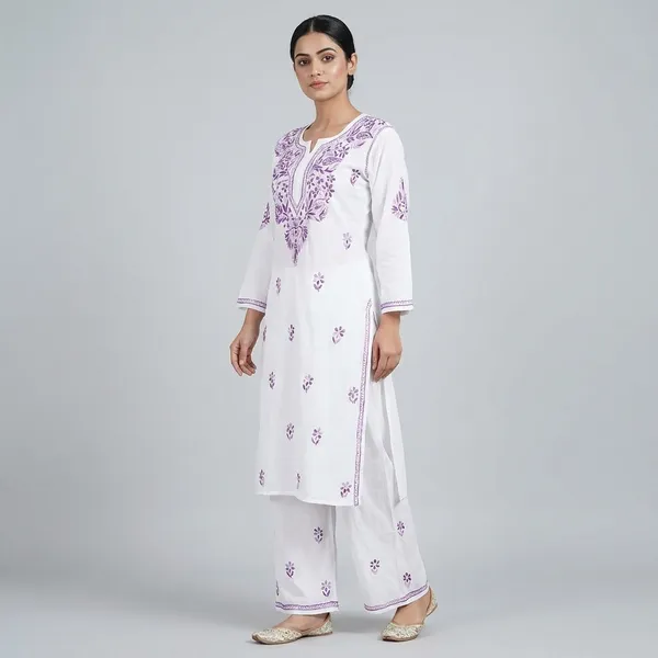 White_And_Purple_Cotton_Embroidered_Kurta_Palazzo_Set