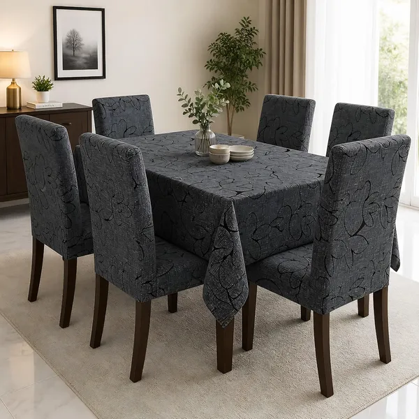 Polycotton_Dining_Grey_Solid_6_Seater_Table_Cover_With_Chair_Covers