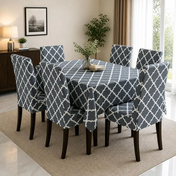 Polycotton_Dining_Blue_Diamond_Print_6_Seater_Table_Cover_With_Chair_Covers