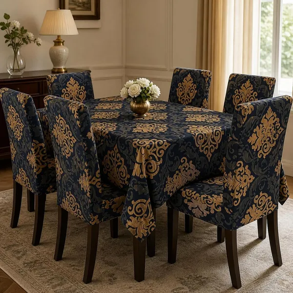 Polycotton_Dining_Brown_Damask_Print_6_Seater_Table_Cover_With_Chair_Covers
