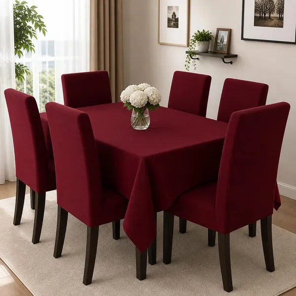 Polycotton_Printed_Solid_Dining_Table_Cover_With_6_Chair_Covers_Maroon