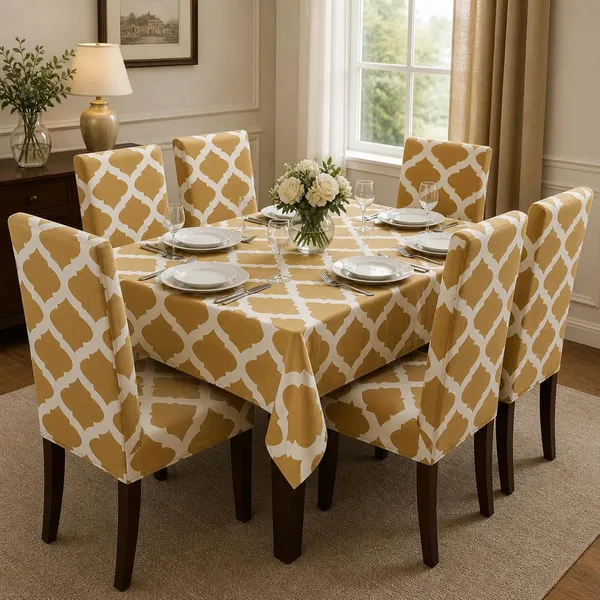 Polycotton_Dining_Yellow_Diamond_Print_6_Seater_Table_Cover_With_Chair_Covers