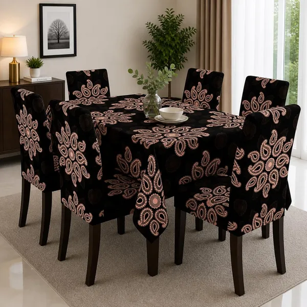 Polycotton_Dining_Brown_Flower_Print_Table_Cover_With_6_Chair_Covers