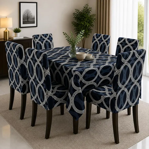 Polycotton_Dining_Blue_Circle_Print_Table_Cover_With_6_Chair_Covers