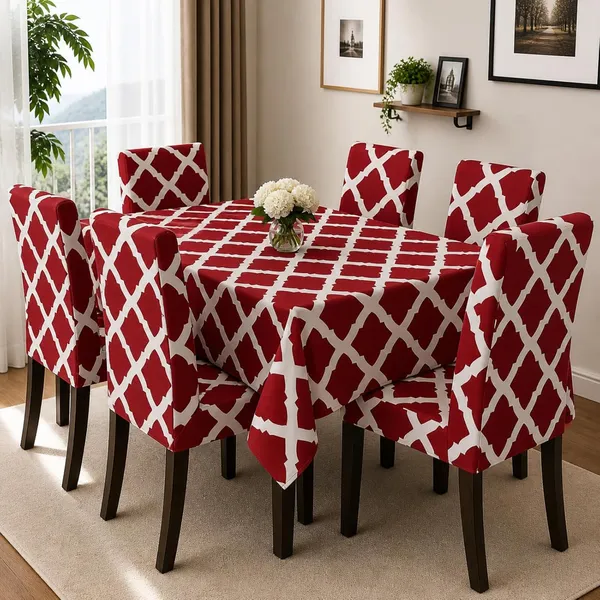 Polycotton_Printed_Diamond_Print_Dining_Table_Cover_With_6_Chair_Covers_Red