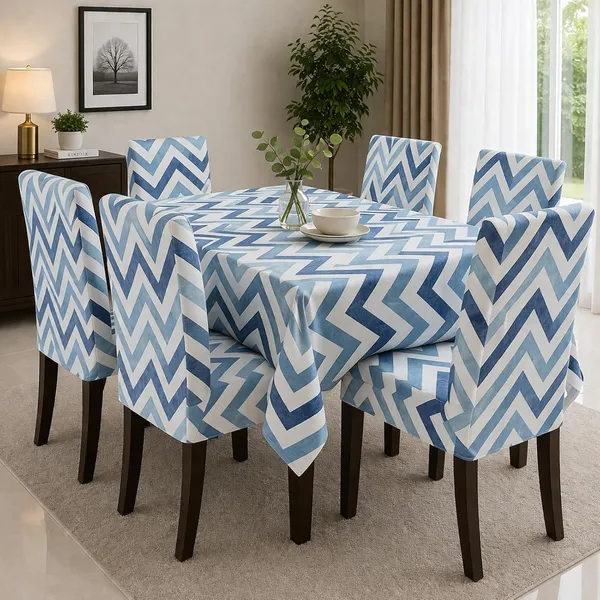 Polycotton_Dining_Blue_Zigzag_Print_Table_Cover_With_6_Chair_Covers