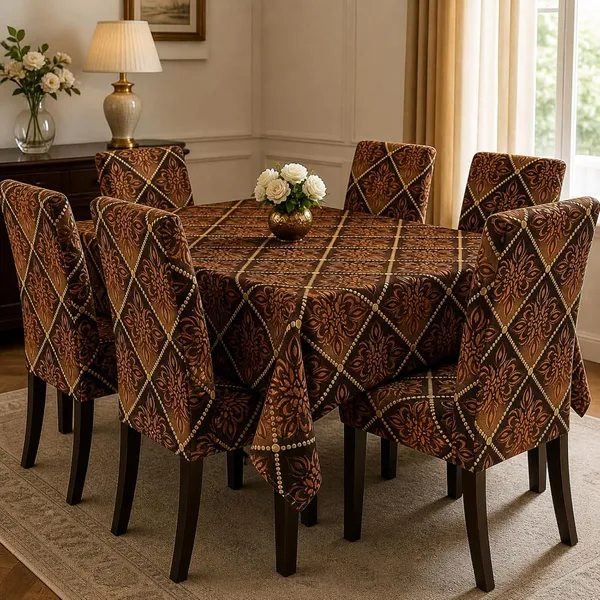 Polycotton_Dining_Brown_Black_Box_Print_6_Seater_Table_Cover_With_Chair_Covers