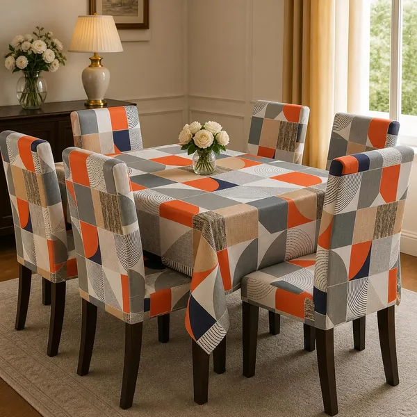 Polycotton_Printed_Geometric_6_Seater_Dining_Table_Cover_With_Chair_Covers_Orange