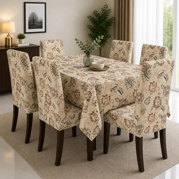 Polycotton_Printed_Floral_Dining_Table_Cover_With_6_Chair_Covers_Beige