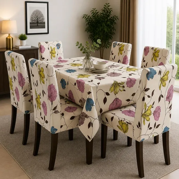 Polycotton_Printed_Floral_Dining_Table_Cover_With_6_Chair_Covers_Beige