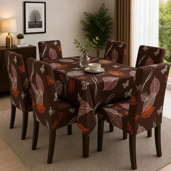 Polycotton_Dining_Brown_Leaf_6_Seater_Table_Cover_With_Chair_Covers