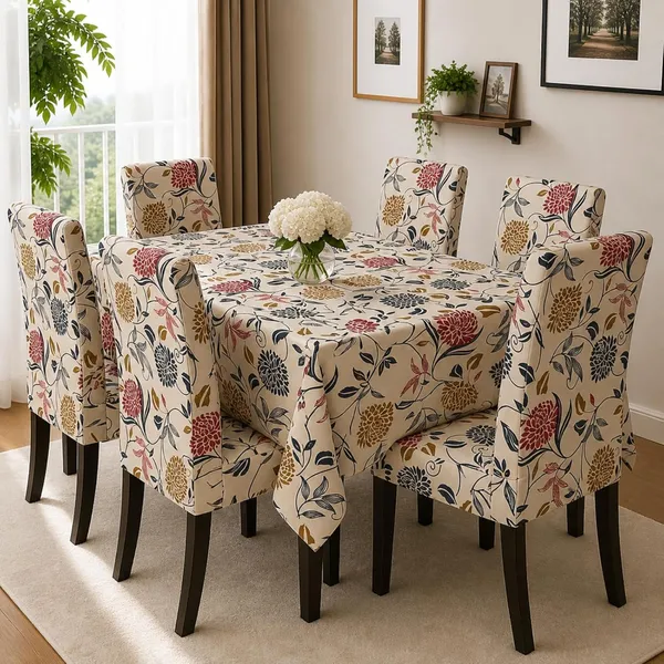 Polycotton_Printed_Floral_Dining_Table_Cover_With_6_Chair_Covers_Cream