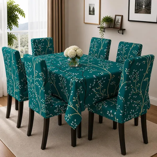 Polycotton_Printed_Tree_Print_Dining_Table_Cover_With_6_Chair_Covers_Green