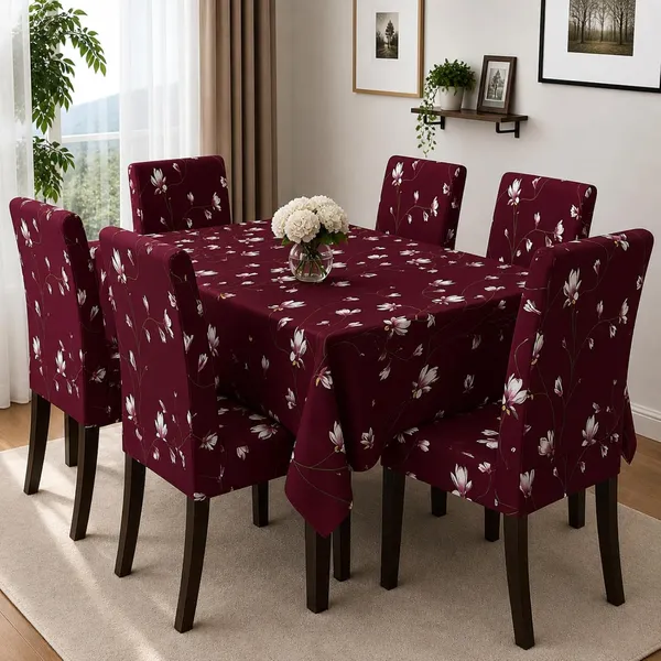 Polycotton_Printed_Floral_Dining_Table_Cover_With_6_Chair_Covers_Maroon