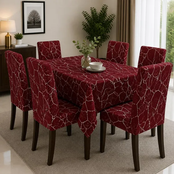 Polycotton_Printed_Striped_Dining_Table_Cover_With_6_Chair_Covers_Red