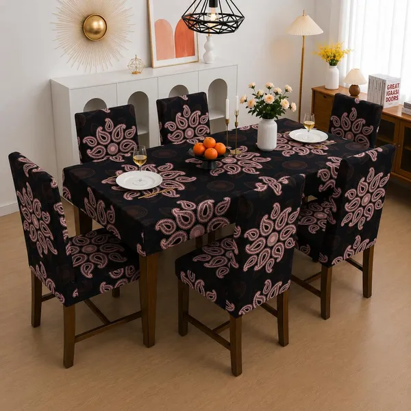 Polycotton_Elastic_Brown_Floral_Print_6_Seater_Table_Cover_With_Chair_Covers