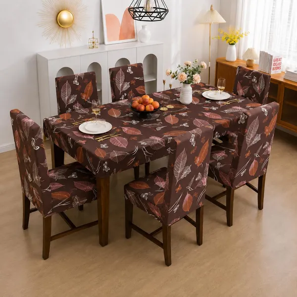 Polycotton_Elastic_Dining_Brown_Leaf_6_Seater_Table_Cover_With_Chair_Covers