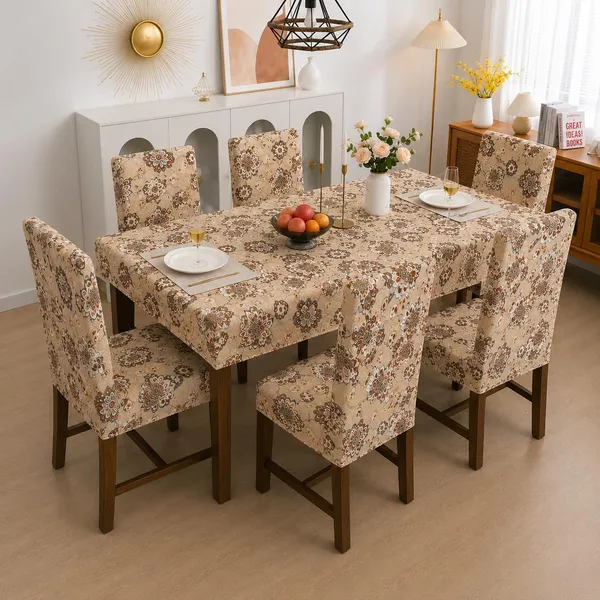 Polycotton_Elastic_Beige_Floral_Print_6_Seater_Table_Cover_With_Chair_Covers