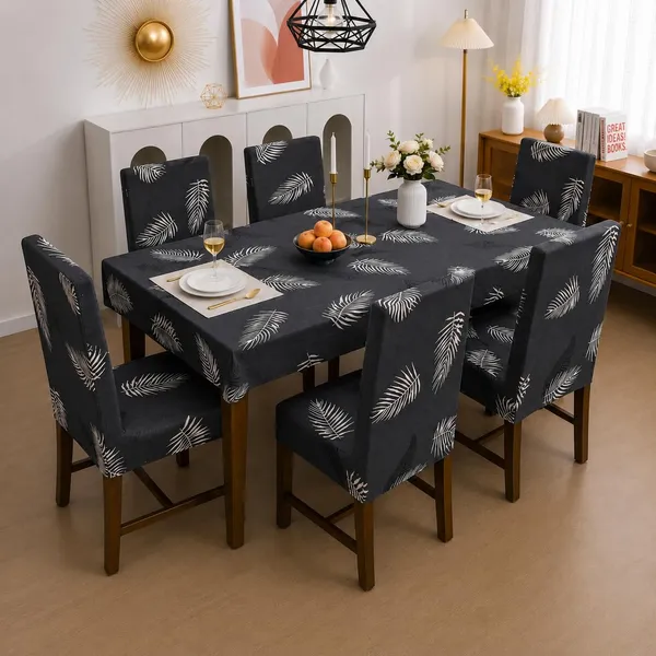 Polycotton_Elastic_Grey_Leaf_Print_6_Seater_Table_Cover_With_Chair_Covers