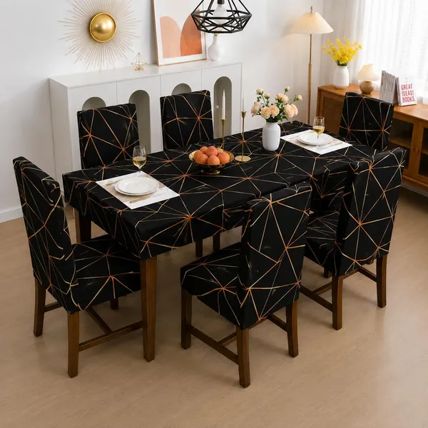 Polycotton_Elastic_Dining_Blue_Triangle_Print_Table_Cover_With_6_Chair_Covers