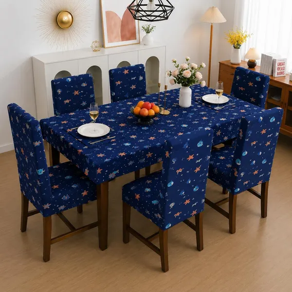 Polycotton_Elastic_Dining_Blue_Fish_Print_Table_Cover_With_6_Chair_Covers