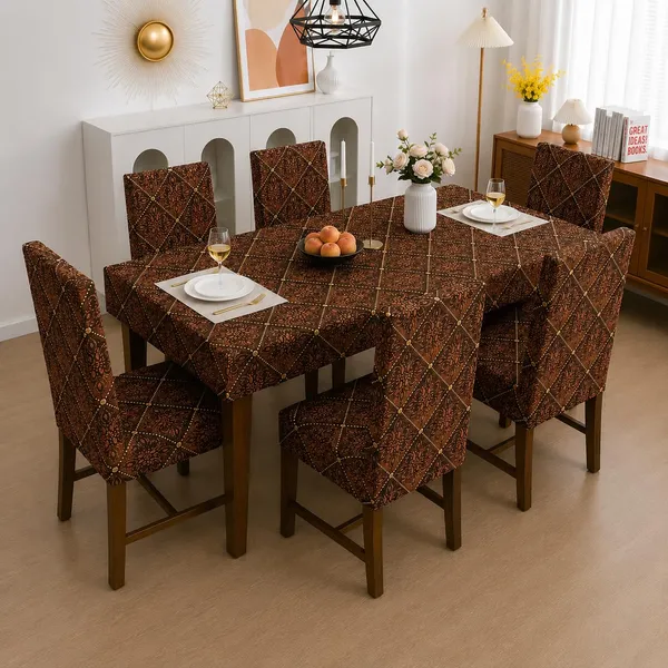 Polycotton_Elastic_Geometric_6_Seater_Dining_Table_Cover_With_Chair_Covers_Brown_Black